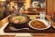 【朗報画像】この安っぽいラーメンとカレーセットを見てよ