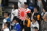 【悲報】日本人さん、韓日戦に戦犯旗を持ちこみ応援してしまう