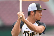 阪神江越、試合前練習でトンボを持ちイメージトレーニングをする