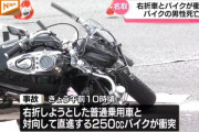 右折の乗用車と衝突、250ccバイクを運転していた４３歳男性が死亡