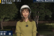【画像】女性気象予報士さん、ヘルメットの被り方を知らない模様・・・w