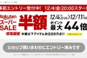 楽天市場､今年最後の｢スーパーSALE 半額･ポイント最大44倍｣を4日20時から開催　1.3万円以上で使える1000円オフクーポンも