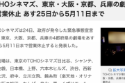【ヒノマルソウル】TOHOシネマズ、東京・大阪・京都、兵庫の劇場を営業休止 あす25日から5月11日まで・・・・