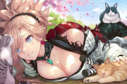 【FGO】猫と遊んでるサムレムの武蔵ちゃんイラスト！！　猫と戯れてるの可愛いです！！