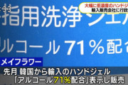 「アルコール７１％」→実際は５～３０％　消費者庁、韓国製の手指洗浄ジェルに措置命令