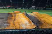 阪神園芸が甲子園に防水シート　約２０人が作業、１７日の雨に備え